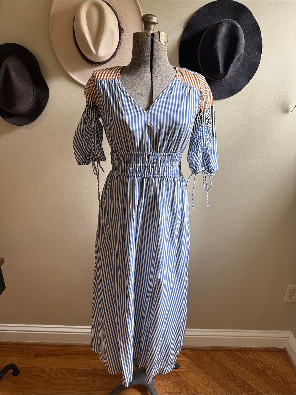 LOFT Blue and White Striped Midi Dress with Contrast Shoulder Detail